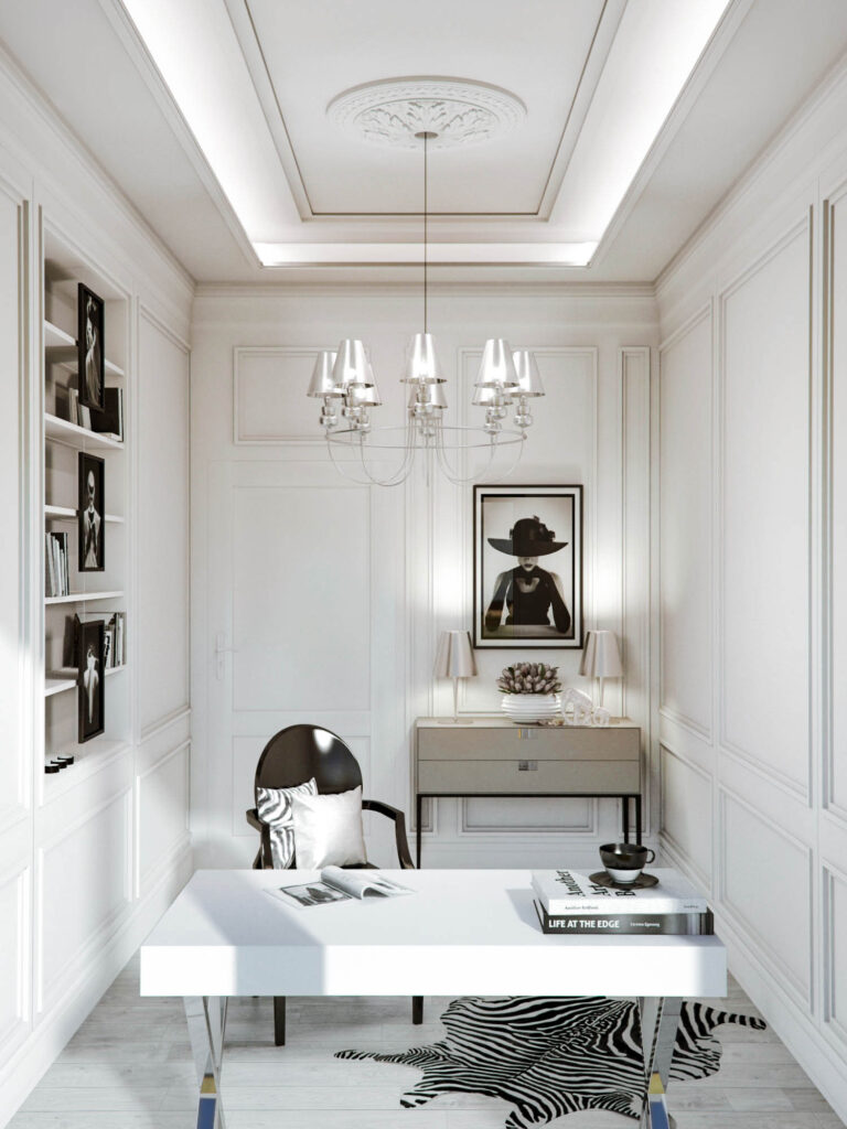 Cabinet in modern classic style. Suspended ceiling in the arrangement with moldings and LED lighting.
