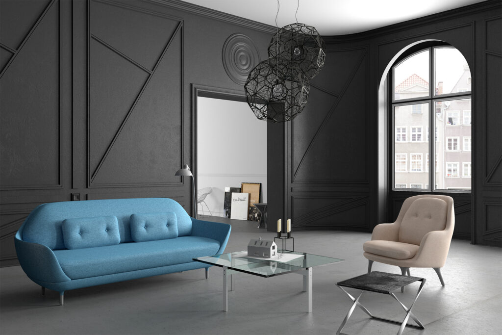 Rozety sufitowe B3038 w minimalistycznej aranżacji salonu na czarnej ścianie 