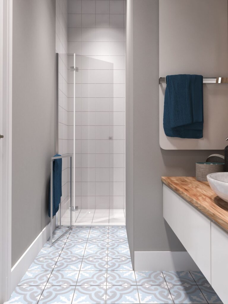 The bathroom is decorated with durable ScratchShield floor strips. Minimalist stucco in the bathroom