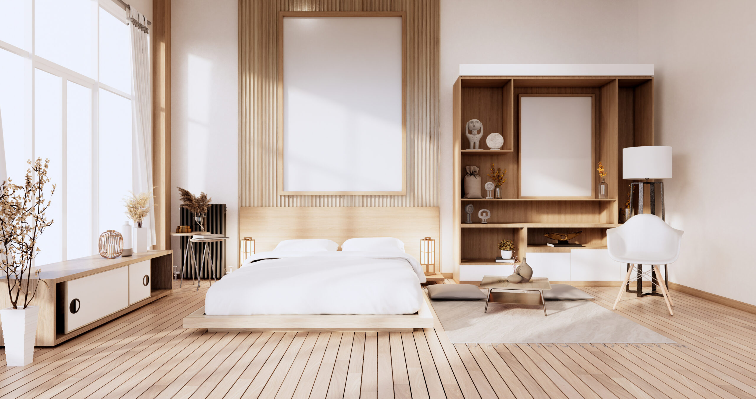 Minimalist Stylish interior of modern wooden room with comfortab