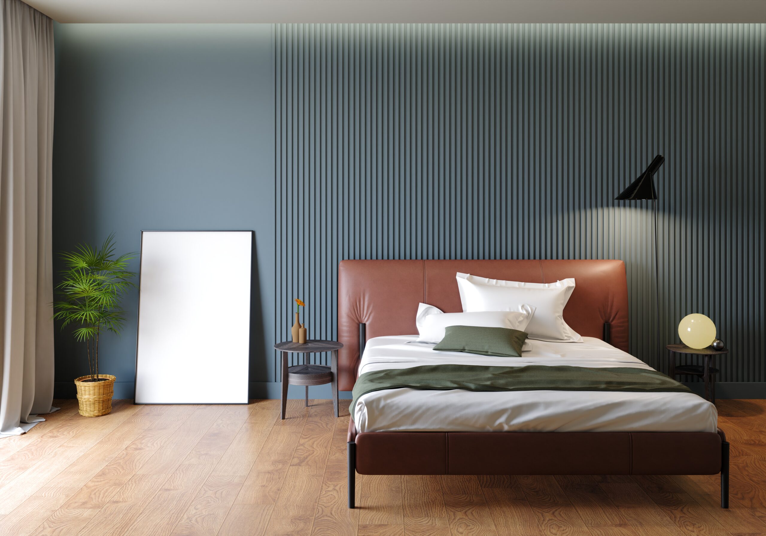 3d rendering of a bedroom in cozy colors.