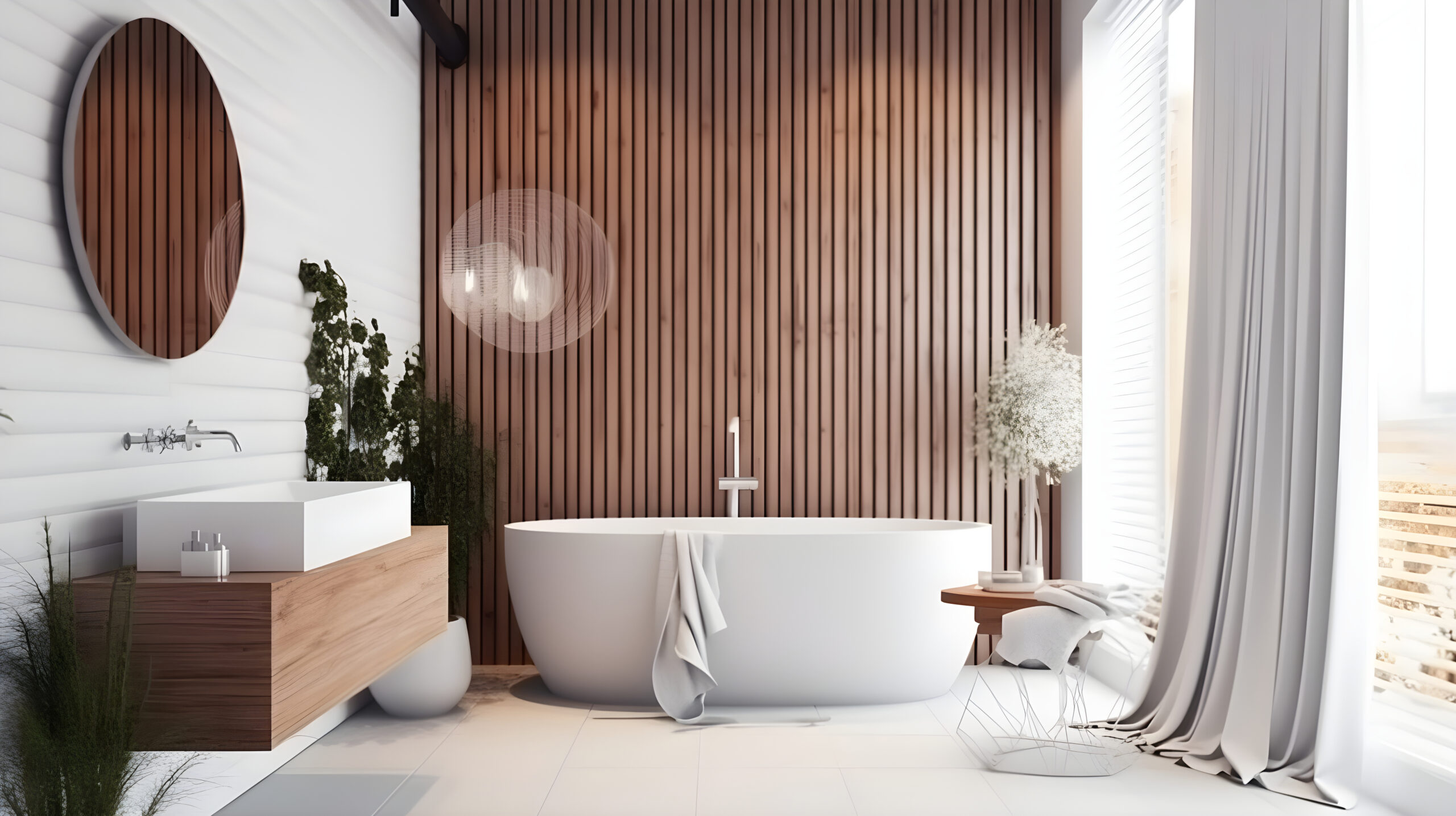 bathroom with wooden wall white tub