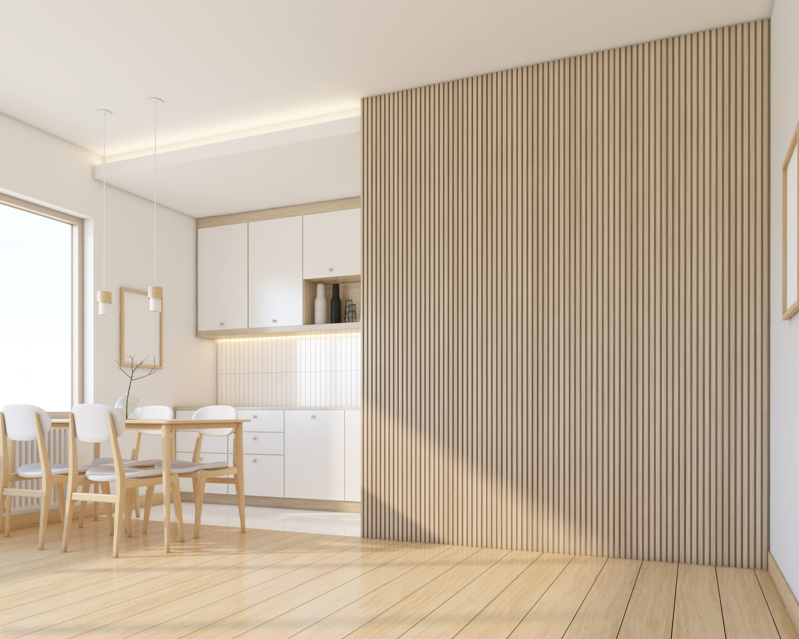 Modern japan style empty room decorated with minimalist kitchen