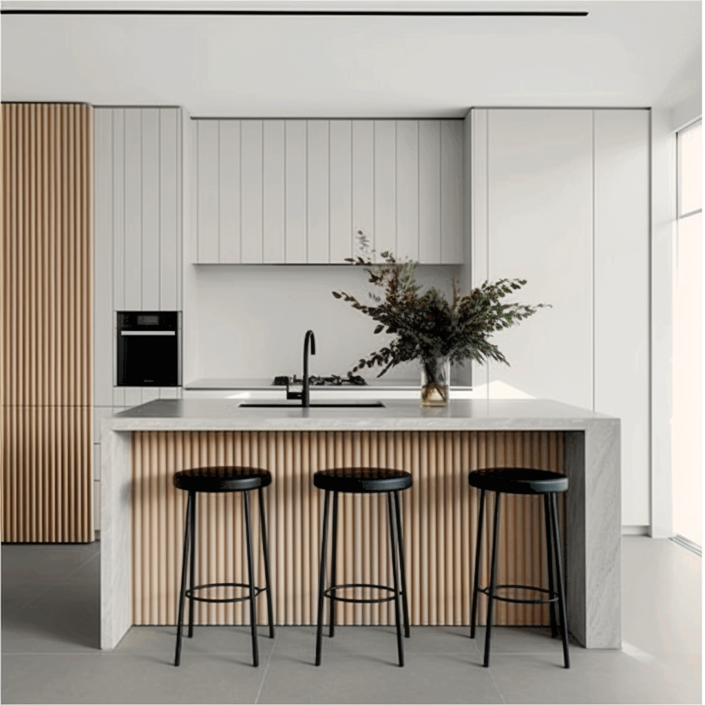 Duna WP001 Mardom Decor kitchen wall panels glued to the kitchen island in a modern arrangement in beige and white