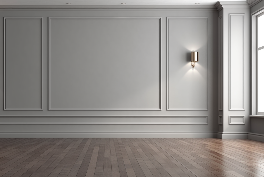Gray MD360 skirting board painted to match the Mardom Decor wall in an arrangement with a dark floor