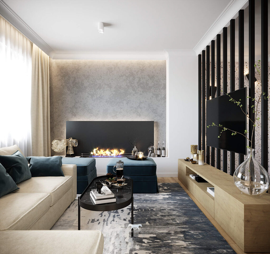 LED záclonová tyč MD105 Mardom Decor záclonová tyč do moderního obývacího pokoje v odstínech béžové s množstvím dřeva a prolamovanou dělicí stěnou