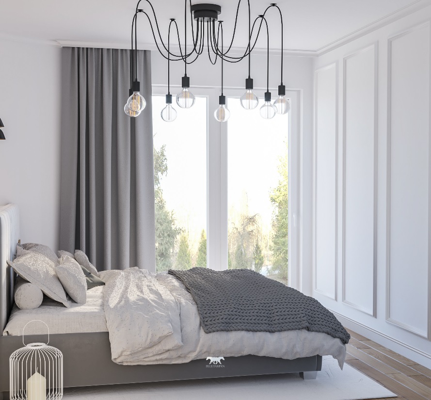 White MD145 Mardom Decor ceiling curtain rods installed as a curtain rod cover and wall strips in a modern bedroom arrangement in white and shades of gray