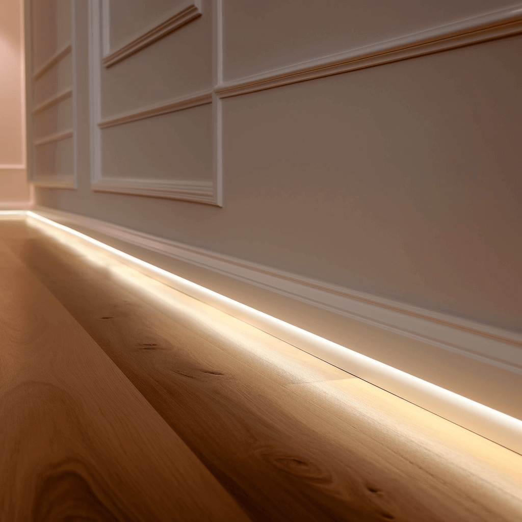 Stucco strips with LED lighting installed on the floor line as additional lighting