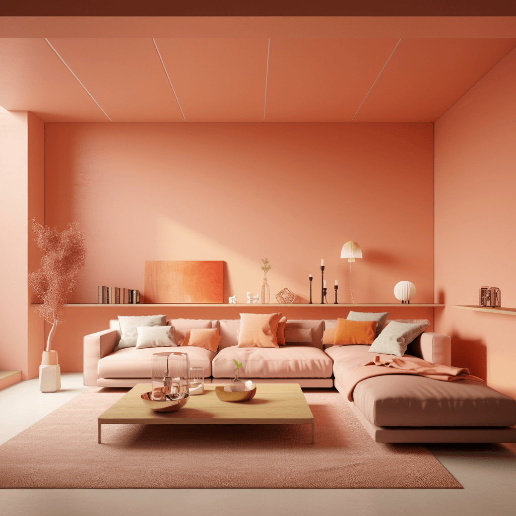 Pantone 13-1023 Peach Fuzz w aranżacji nowoczesnego salonu — monochromatyczne zestawienie kolorów w ciepłych odcieniach beżu i brzoskwini