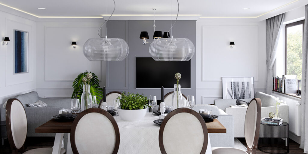 Mardom Decor QL002 LED ceiling lighting strips in a modern classic dining room arrangement