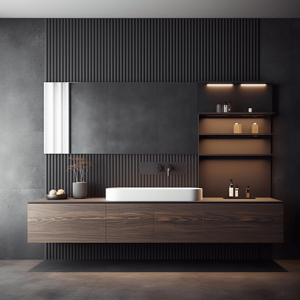 Duna WP001 bathroom wall panel painted black mounted on wall with sink