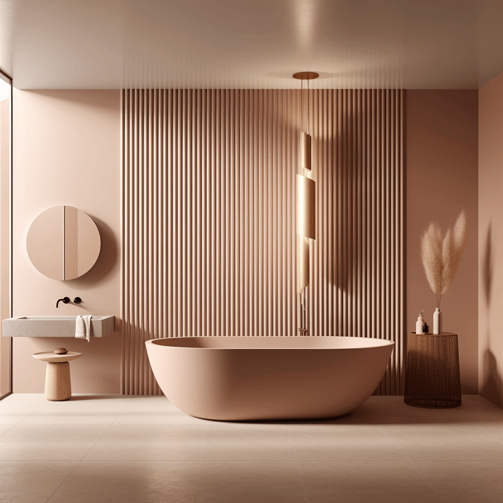 WP002 Duna wall panel in a bathroom arrangement painted pink in a minimalist interior design