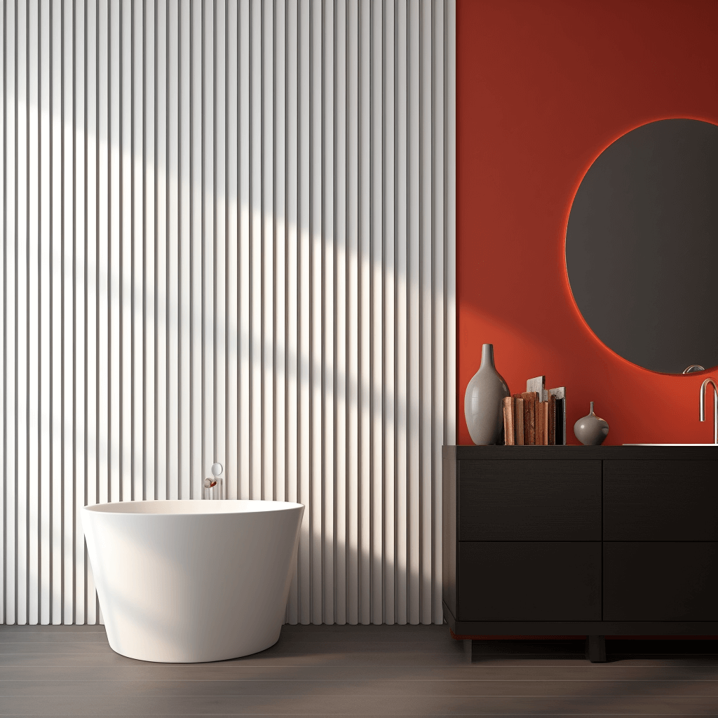 Panel na ścianę do łazienki WP002 Lumio w białym kolorze w kształcie wklęsłych półkoli zamontowany w okolicy umywalki