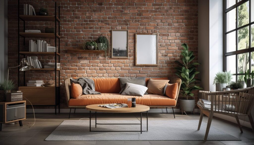 White MD014 floor strips connected to a brick wall in a contemporary soft loft arrangement