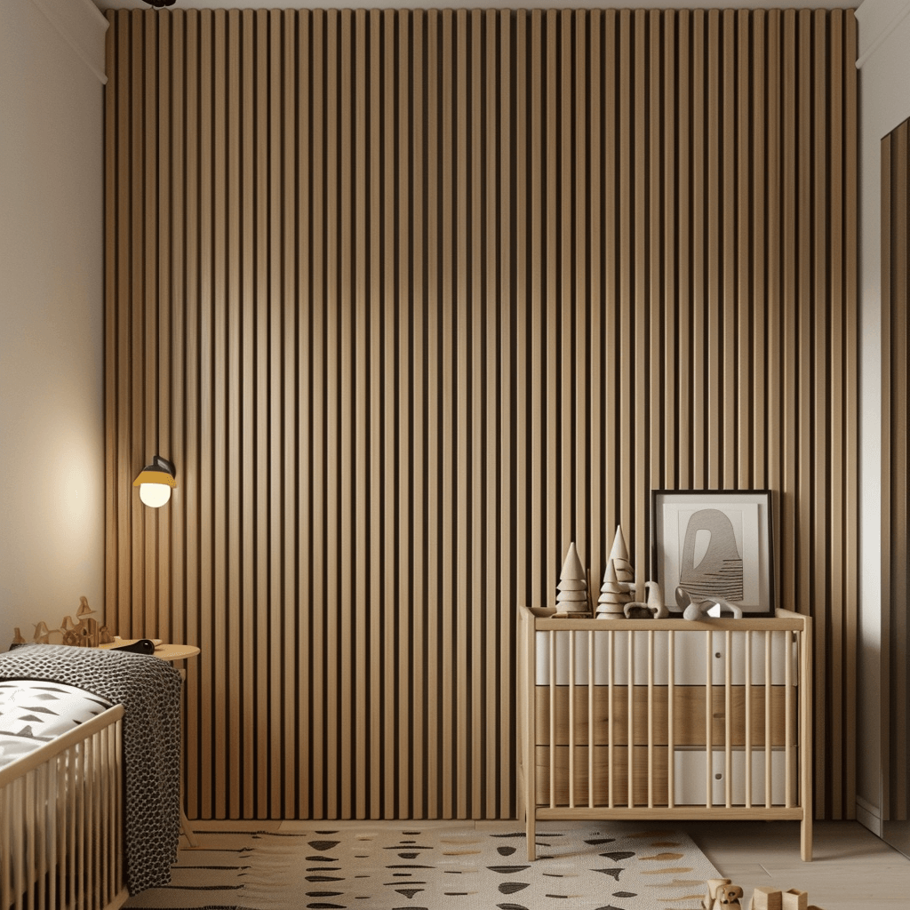 L0205 Mardom Decor wall slats in light wood in a child's bedroom in beige