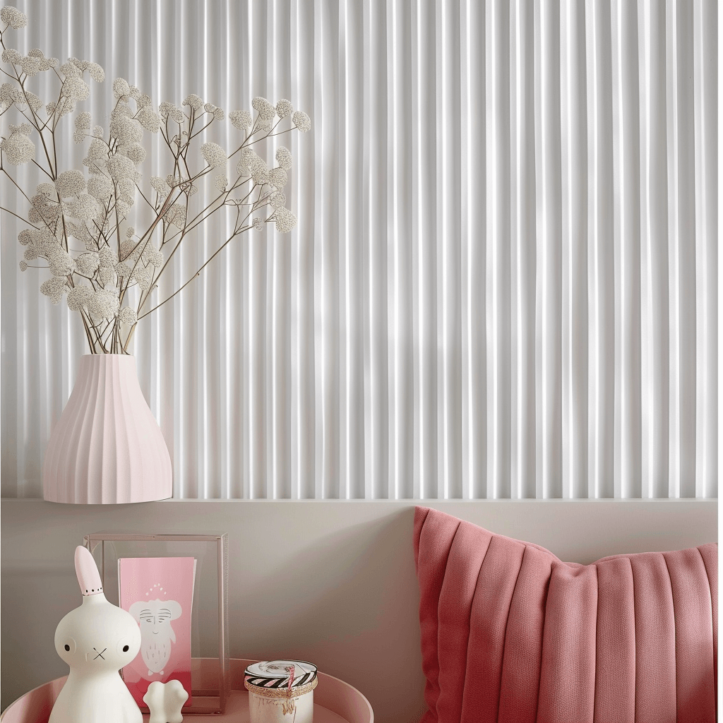 White wall slats in a little girl's room L0101 Mardom Decor with pink accessories
