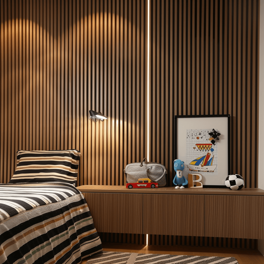 Wooden slats L0205 Mardom Decor in a wall arrangement in a boy's bedroom, arrangement in beige and wood