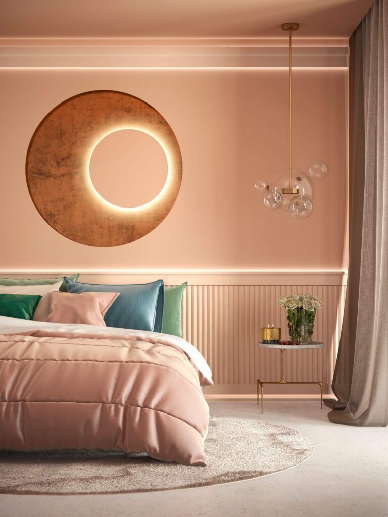 Mardom Decor QR002 stropní rozety a osvětlení namontované nad postelí v moderním uspořádání v růžové ložnici