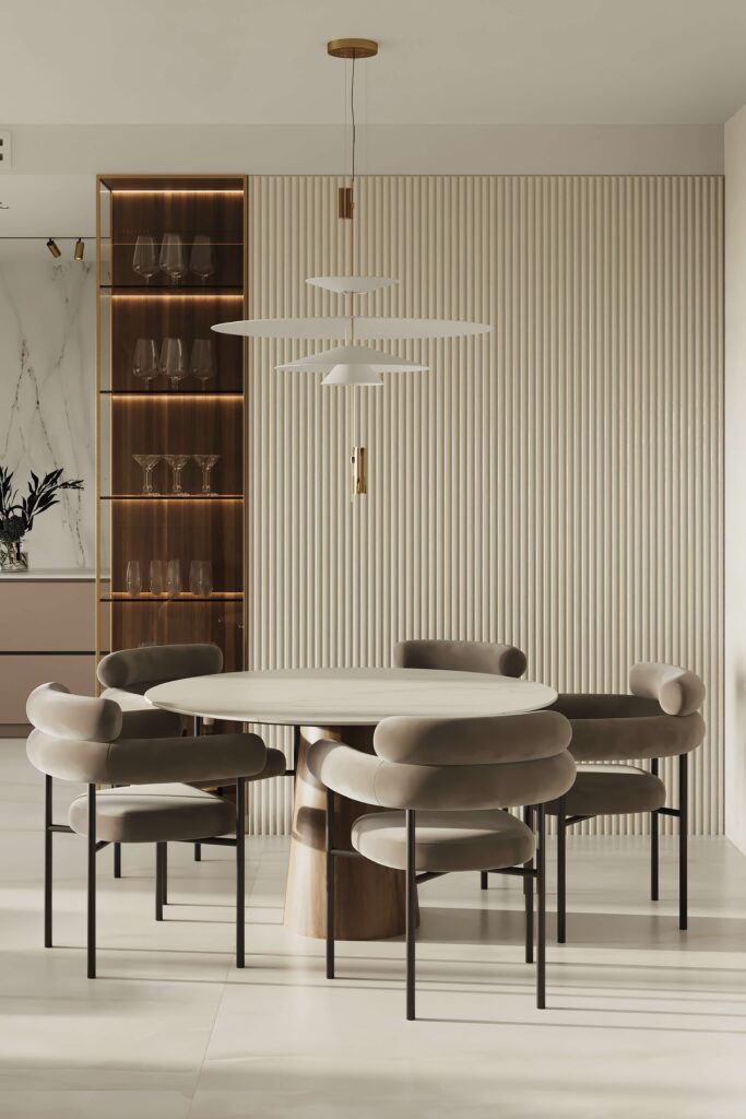 Duna WP001 vertical white wall panel installed vertically in the dining room, painted to match the wall color - an arrangement in modern beige in a modern classic style