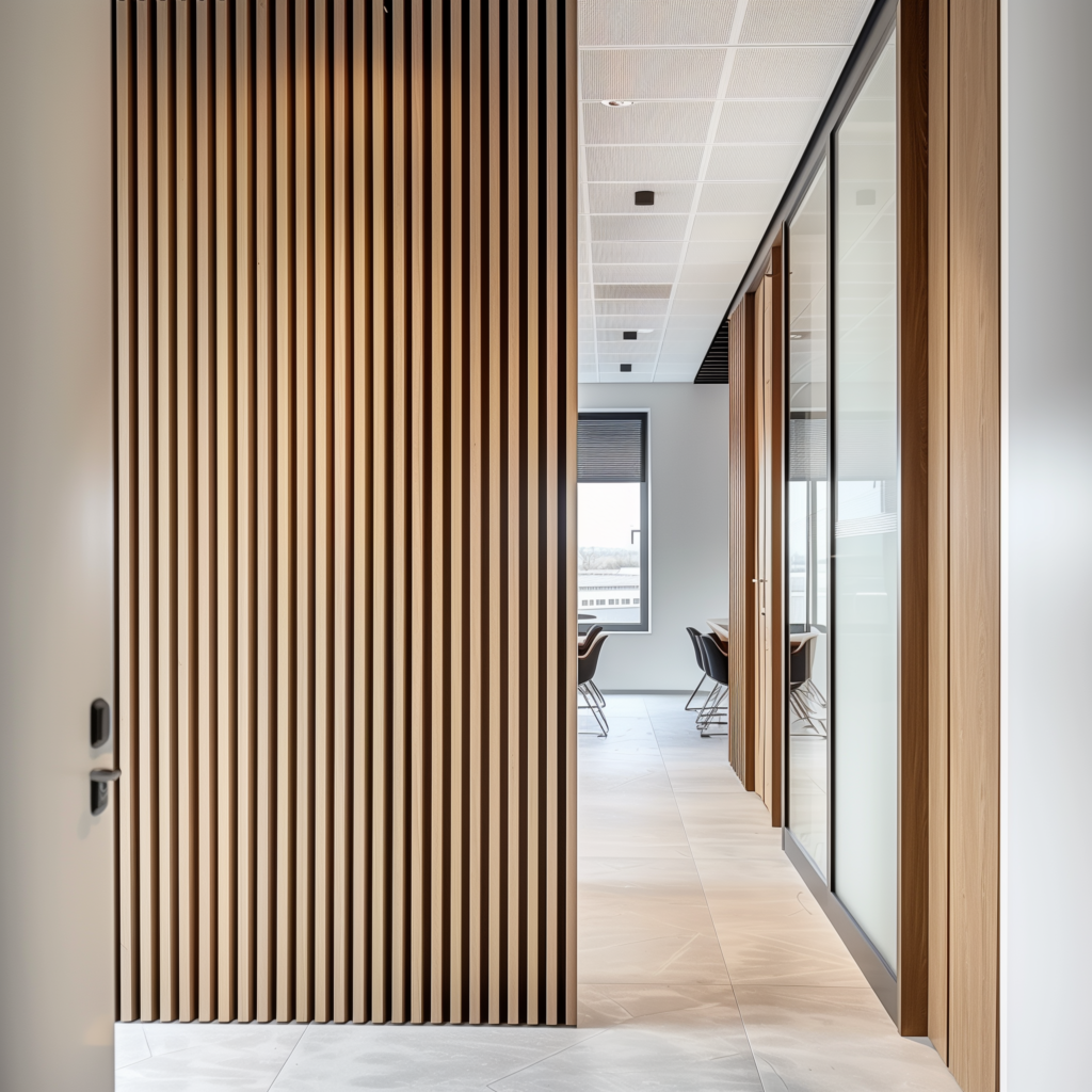 Dřevěné lamely Mardom Decor L0102 v open space v moderním kancelářském uspořádání