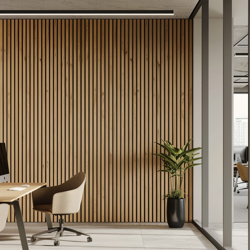 Dřevěné lamely na stěnu Kolekce Mardom Decor L0205 Medio v moderním kancelářském uspořádání