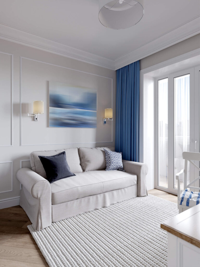 Bílá MD110 dekorativní záclonová tyč Mardom Decor v aranžmá obývacího pokoje v decentní béžové s přídavkem modré