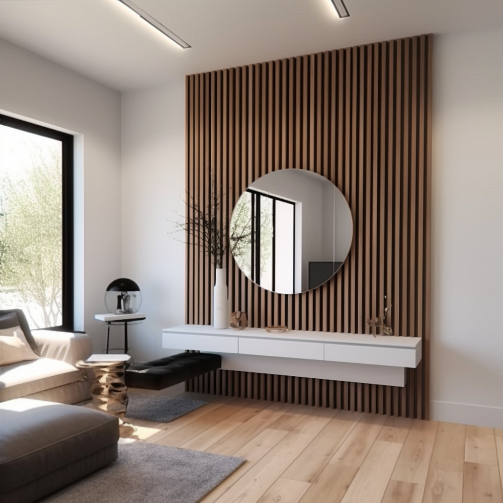 Dřevěné nástěnné panely na černé desce L0206 Mardom Decor namontované za zrcadlem v obývacím pokoji