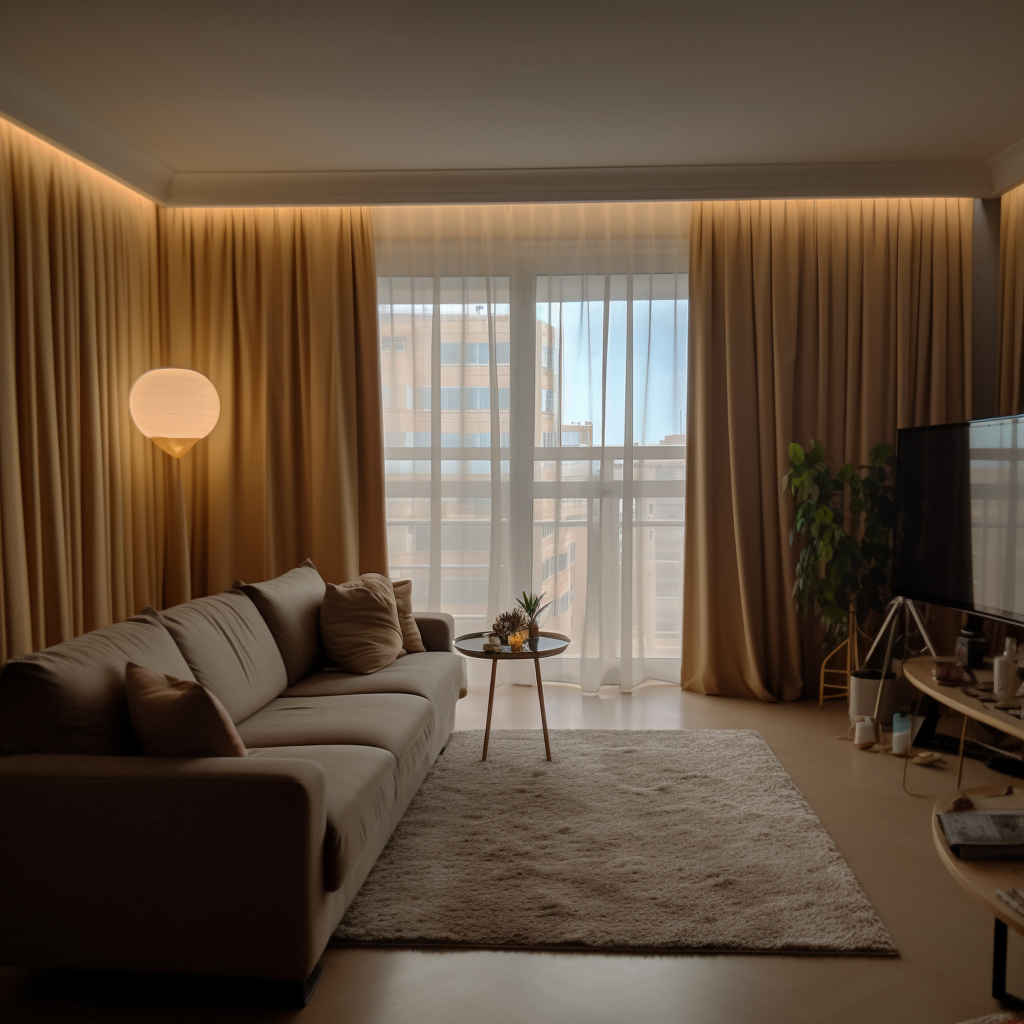Moderní záclonové tyče v současném uspořádání obývacího pokoje - světelná záclonová tyč MD213 Mardom Decor
