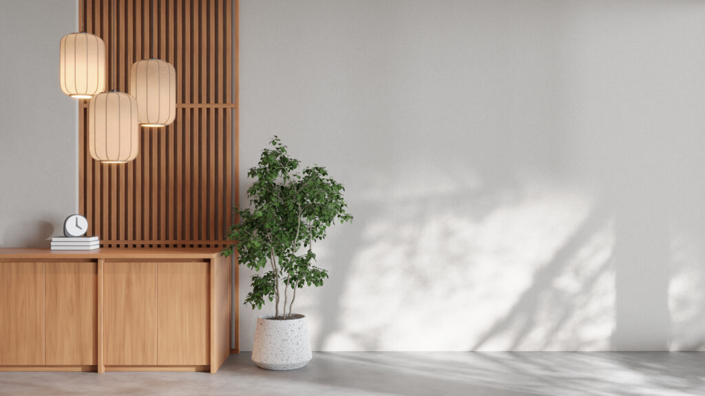 Samostatně stojící dřevěné nástěnné lamely v předsíni vytvářející prolamovanou stěnu oddělující prostor