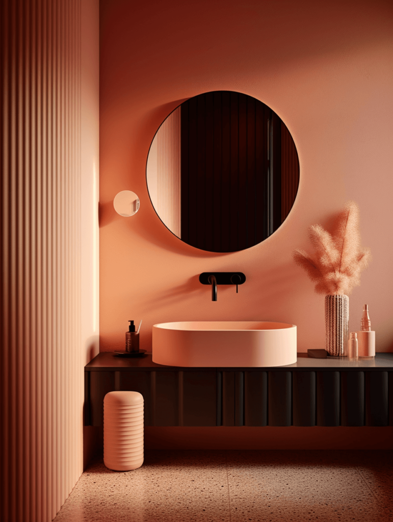 WP001 Nástěnné panely Mardom Decor natřené růžovou barvou, moderní koupelnové uspořádání pomocí štuku a intenzivní barvy