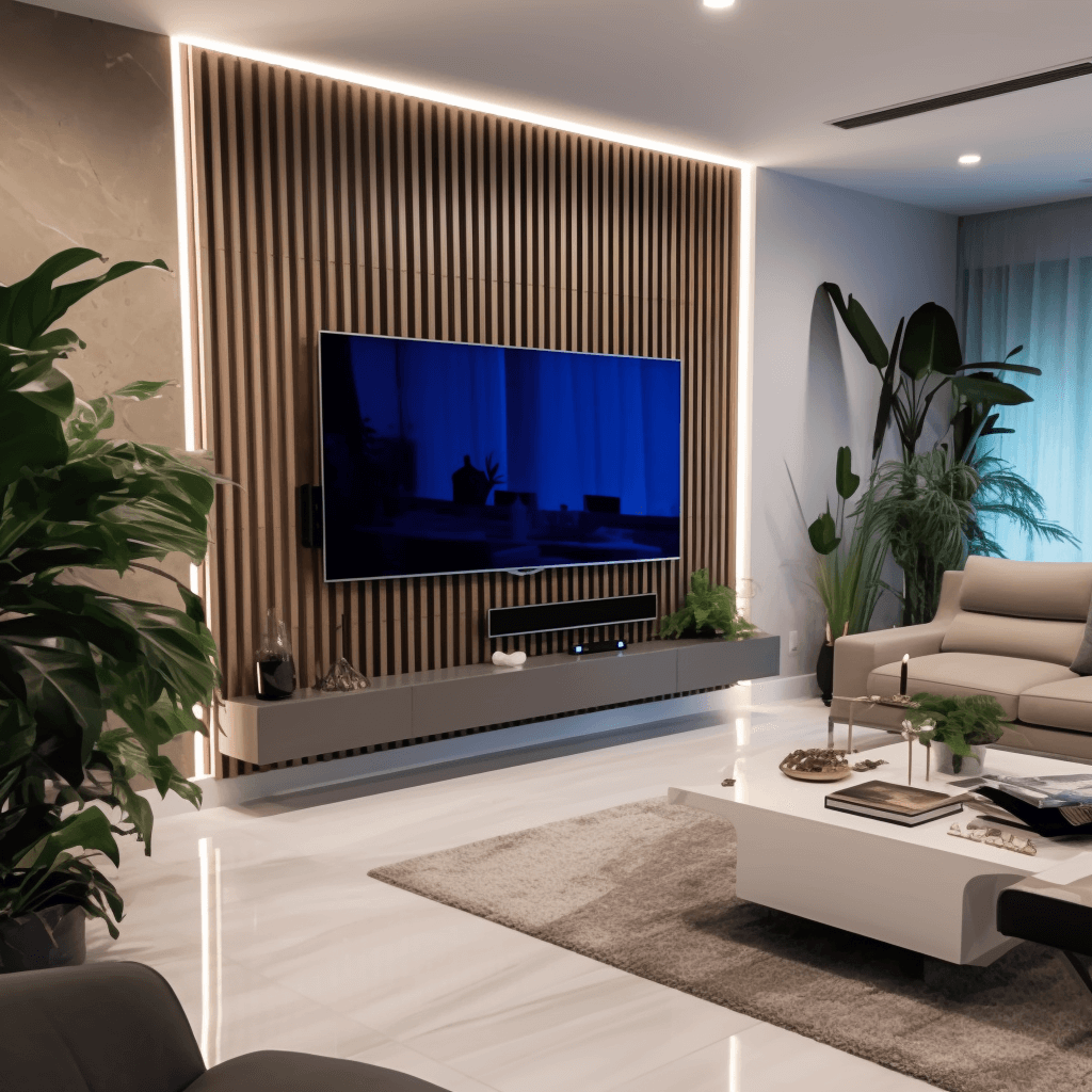 Dřevěné lamely v podobě nástěnných panelů jako působivá TV stěna v kombinaci s LED osvětlením