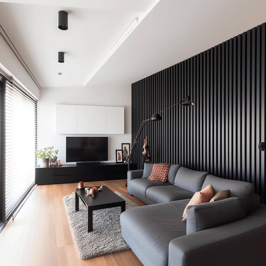 Moderní styl uspořádání obývacího pokoje - nástěnné panely v podobě moderních lamel, namontované na polovině stěny jako prvek rozdělující prostor, lakované černě