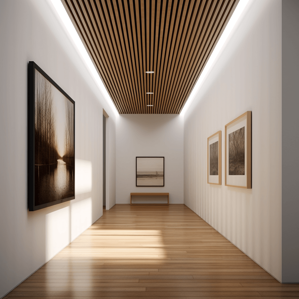 Dřevěné stěnové panely v podobě lamel L0306 Mardom Decor namontované na stropě v průchodu s LED osvětlením